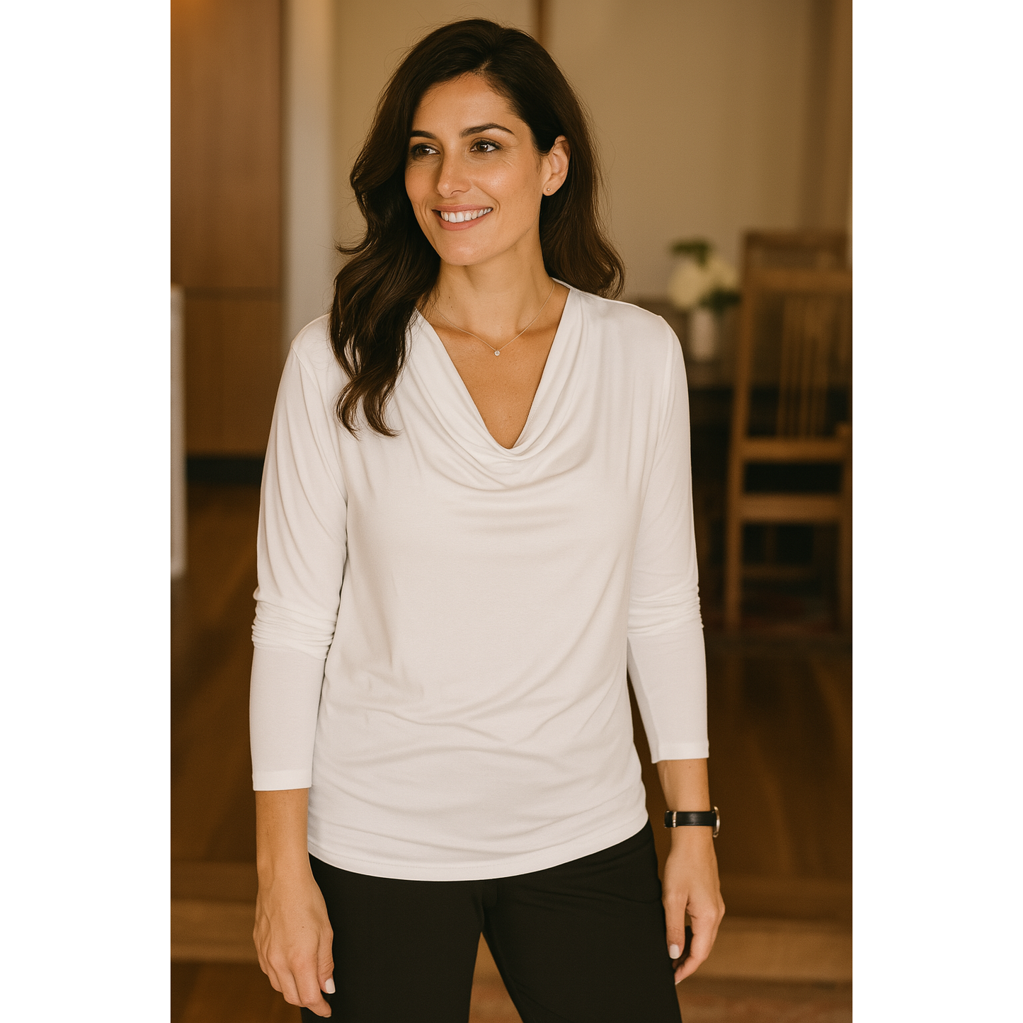 Tuscany Long Sleeve Cowl Neck Tops - White