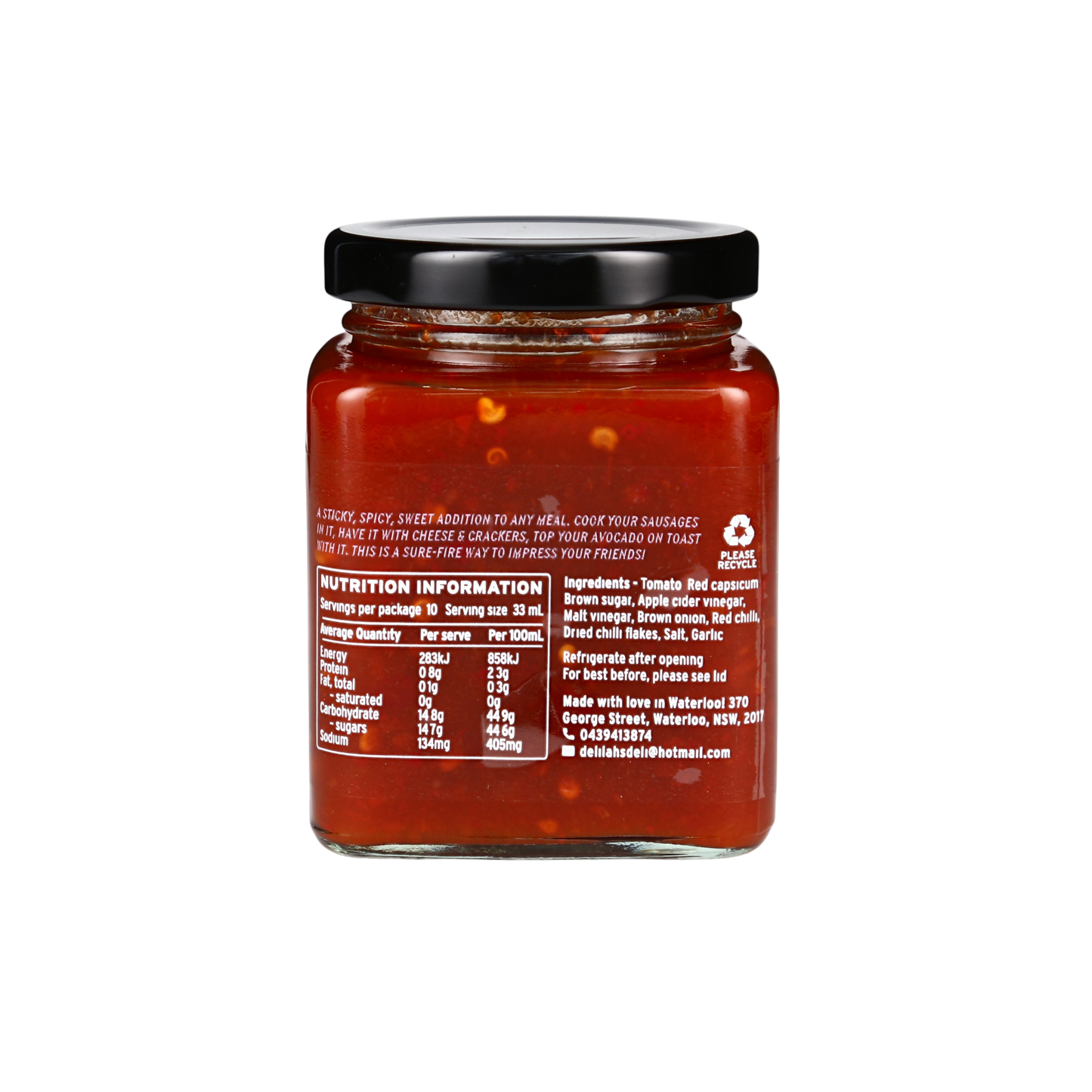 Jar of red sauce with nutrition information label on a white background