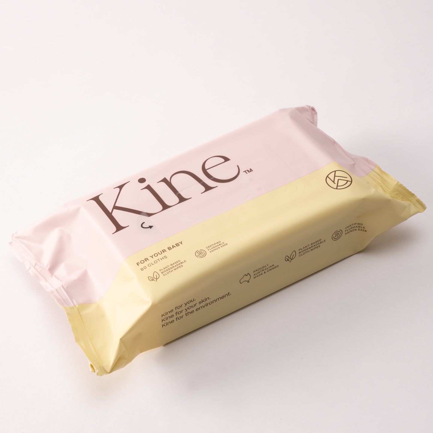 Kine flushable baby wipes packaging on a white background. Baby Wipes Safe for Kids. No-Rinse Wipes for Body & Baby.