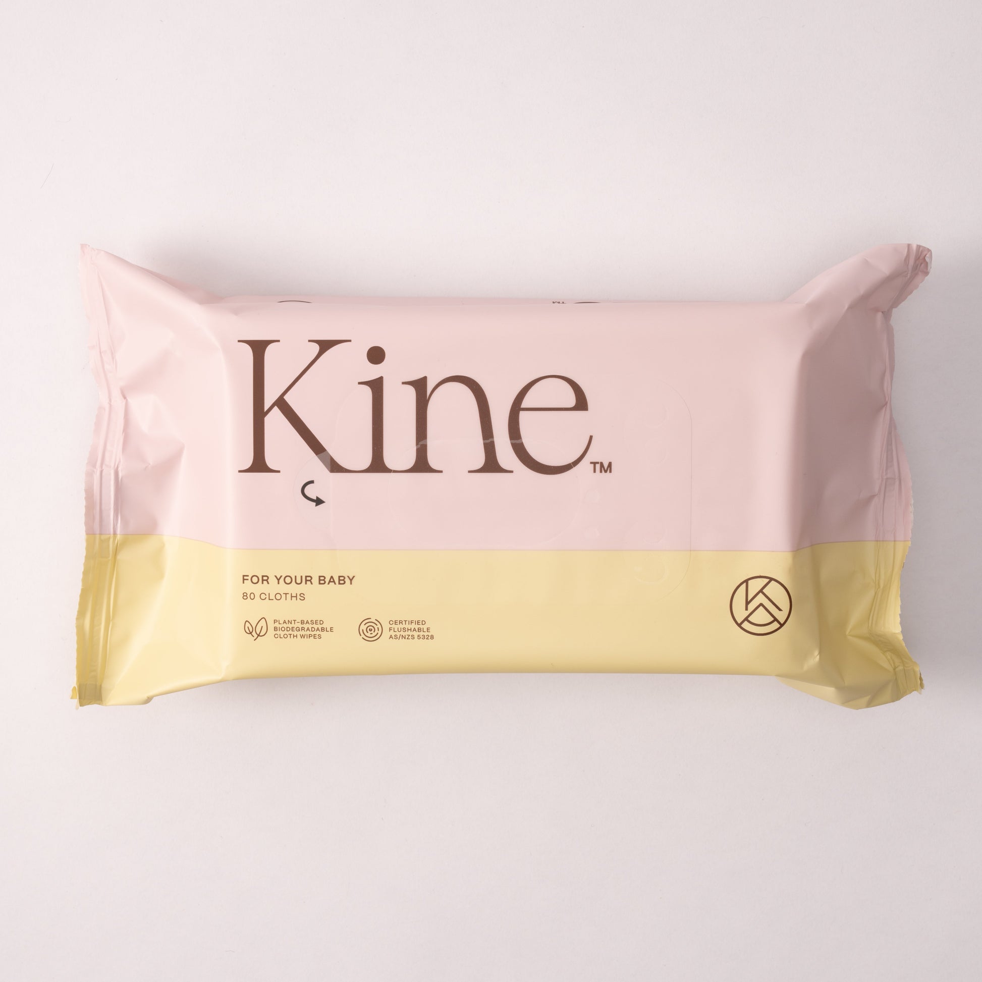 Kine flushable baby wipes packaging on a white background. Biodegradable flushable wipes, eco-friendly wet wipes. alcohol free wipes. hypoallergenic wipes. Travel wet wipes