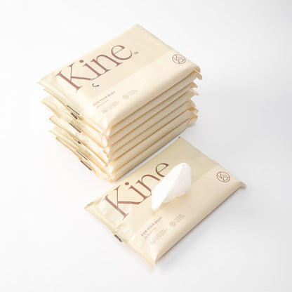 A packaged flushable wipes with the brand name 'Kine' printed on it, indicating it is a eco-friendly product possibly made from plant-based materials. Alcohol free wipes. Travel wet wipes