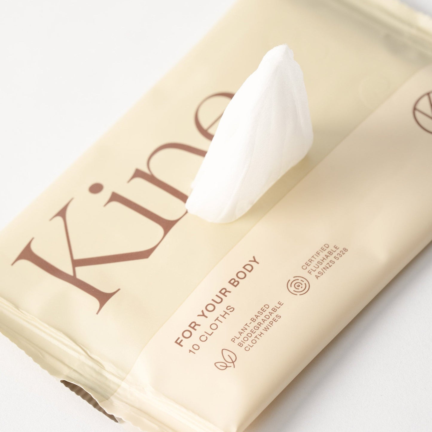 Image of flushable kine body wipes. 100% Flushable & Biodegradable wipes. Safe to flush, kind to skin wipes. Travel wet wipes
