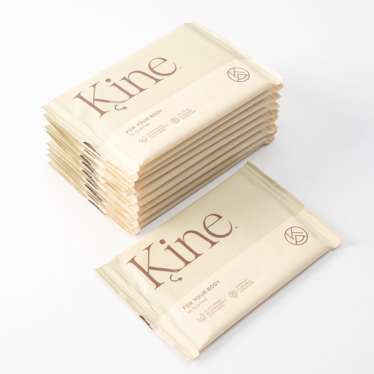 Stack of Kine product packages on a white background. Hypoallergenic wipes Australia, plant-based wipes, flushable hygiene wipes, biodegradable flushable wipes, eco-friendly wet wipes. 100% plant-based wipes