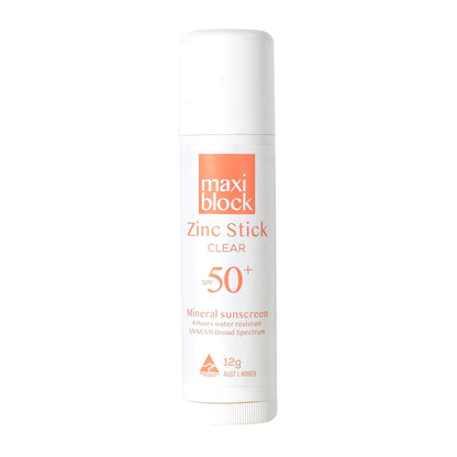 Maxiblock Clear Zinc Sunscreen Stick on a white background