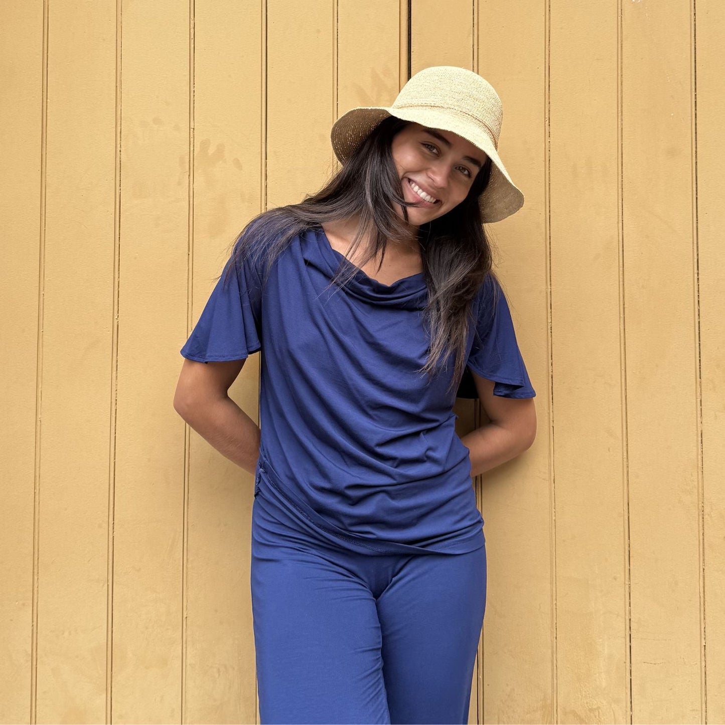 Verona Short-Sleeve Cowl Neck Top - Midnight Blue