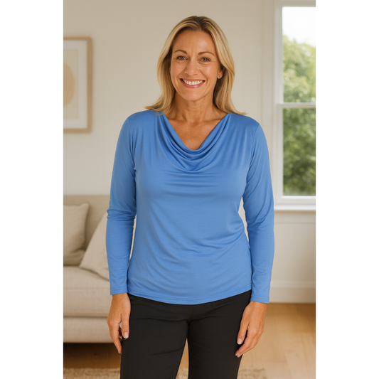 Tuscany Long Sleeve Cowl Neck Tops - Sky Blue