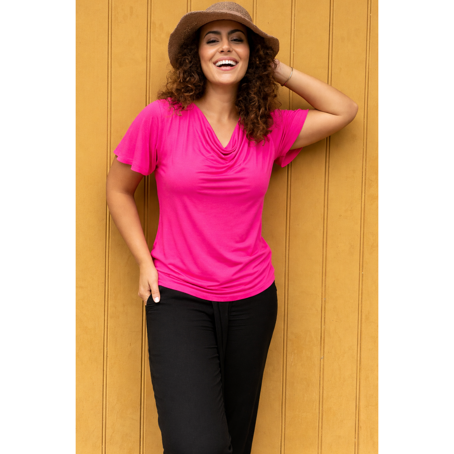 Verona Short-Sleeve Cowl Neck Top - Hot Pink