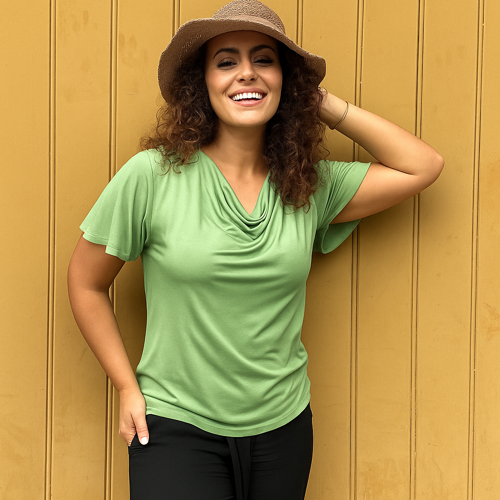 Verona Short-Sleeve Cowl Neck Top - Moss Green