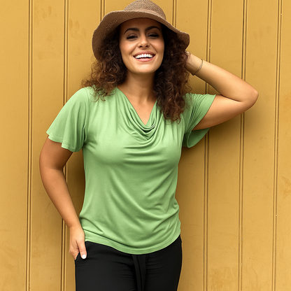 Verona Short-Sleeve Cowl Neck Top - Moss Green