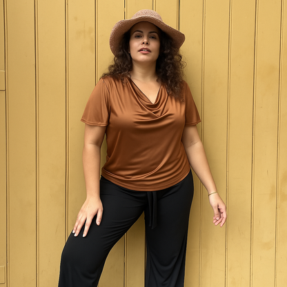 Verona Short-Sleeve Cowl Neck Top - Bronze