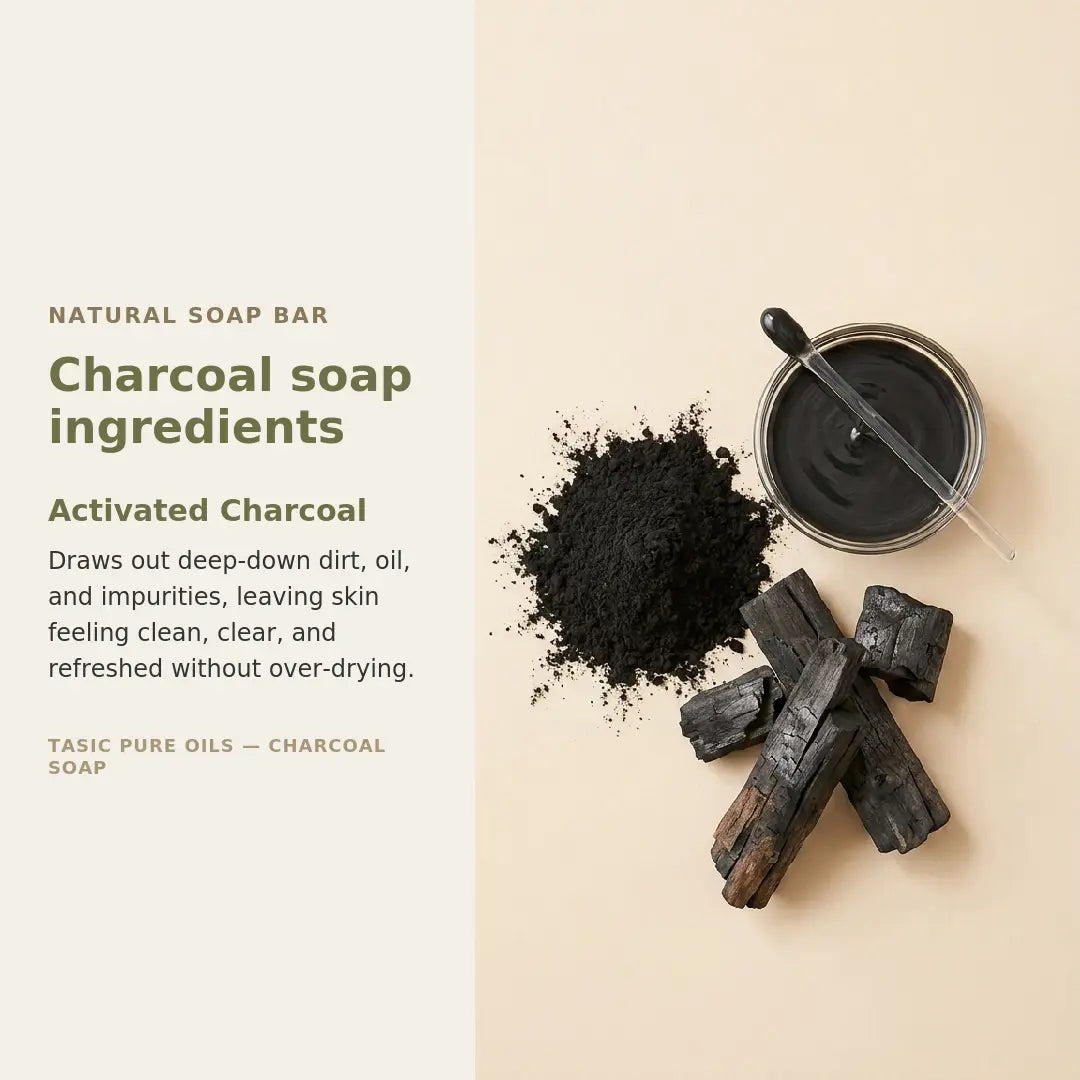 Charcoal soap ingredients displayed on a warm beige background, including a pile of black activated charcoal powder, several charcoal briquettes, and a small metal bowl containing dark liquid with a dropper. Text on the left reads 'Natural Soap Bar' and 'Charcoal soap ingredients' with a description of activated charcoal benefits.