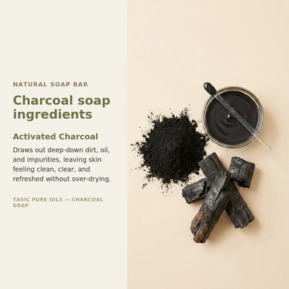 Charcoal soap ingredients displayed on a warm beige background, including a pile of black activated charcoal powder, several charcoal briquettes, and a small metal bowl containing dark liquid with a dropper. Text on the left reads 'Natural Soap Bar' and 'Charcoal soap ingredients' with a description of activated charcoal benefits.