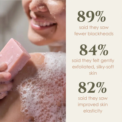 Promotional graphic for Tasic Pure Oils Australian Pink Clay Soap: 89% said they saw fewer visible blackheads, 84% said gentler exfoliation and silky-soft skin, 82% said their skin felt firmer and more supple.