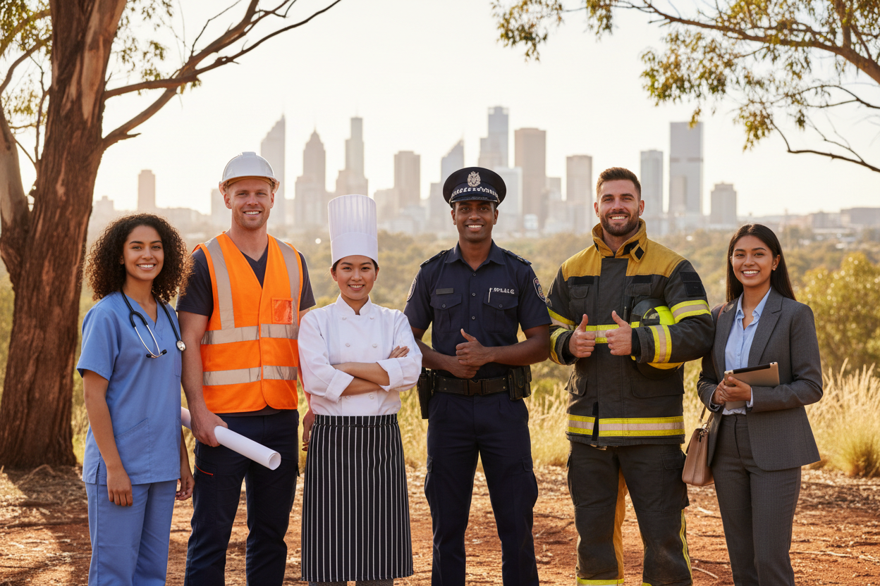 Group of young australian professionals wrearing their re4spective uniforms