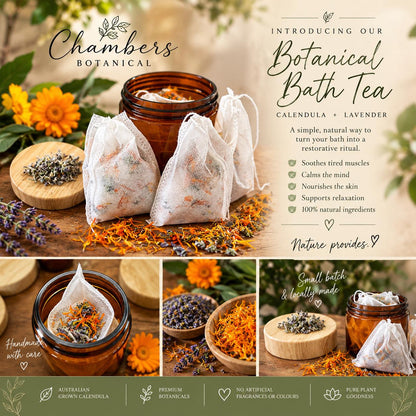 Chambers Botanical Bath Tea bags shown with dried calendula and lavender