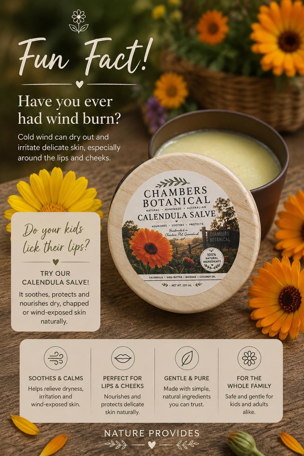 Chambers Botanical Calendula Skin Balm 100g jar with label