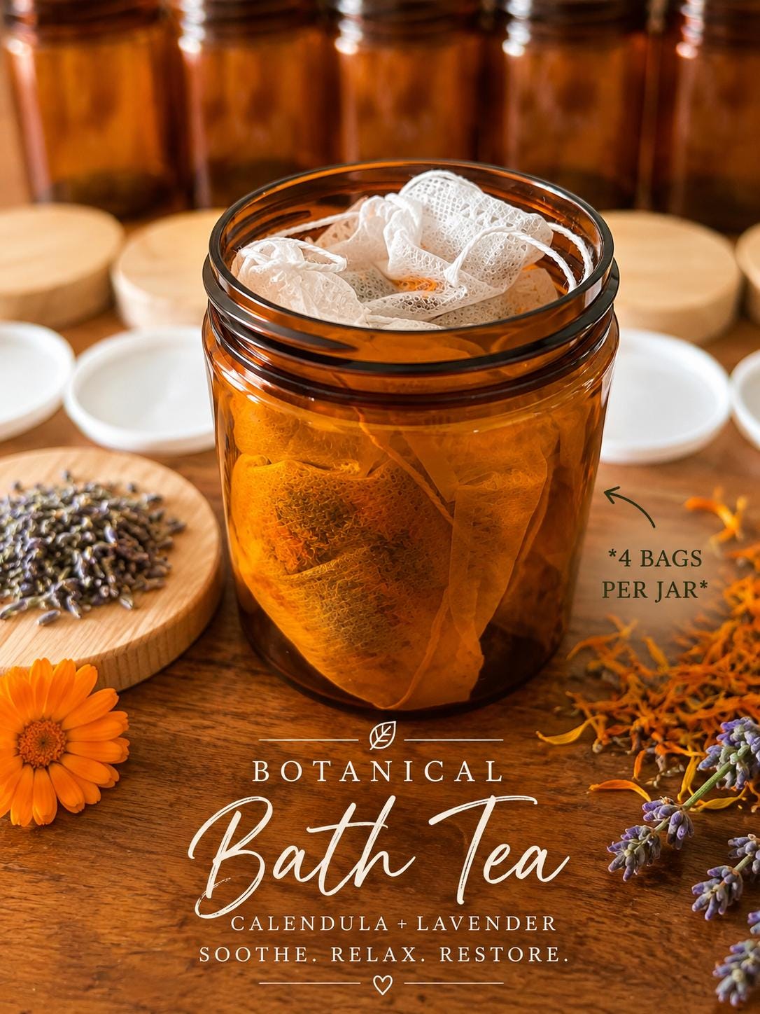 Chambers Botanical Botanical Bath Tea jar with four calendula and lavender bath tea bags