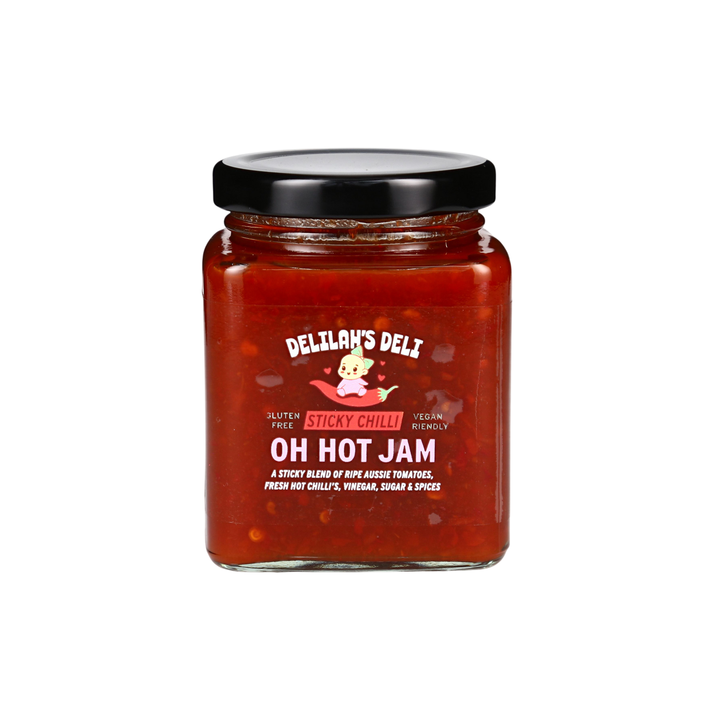 Jar of Delilah's Deli Oh Hot Jam on a white background