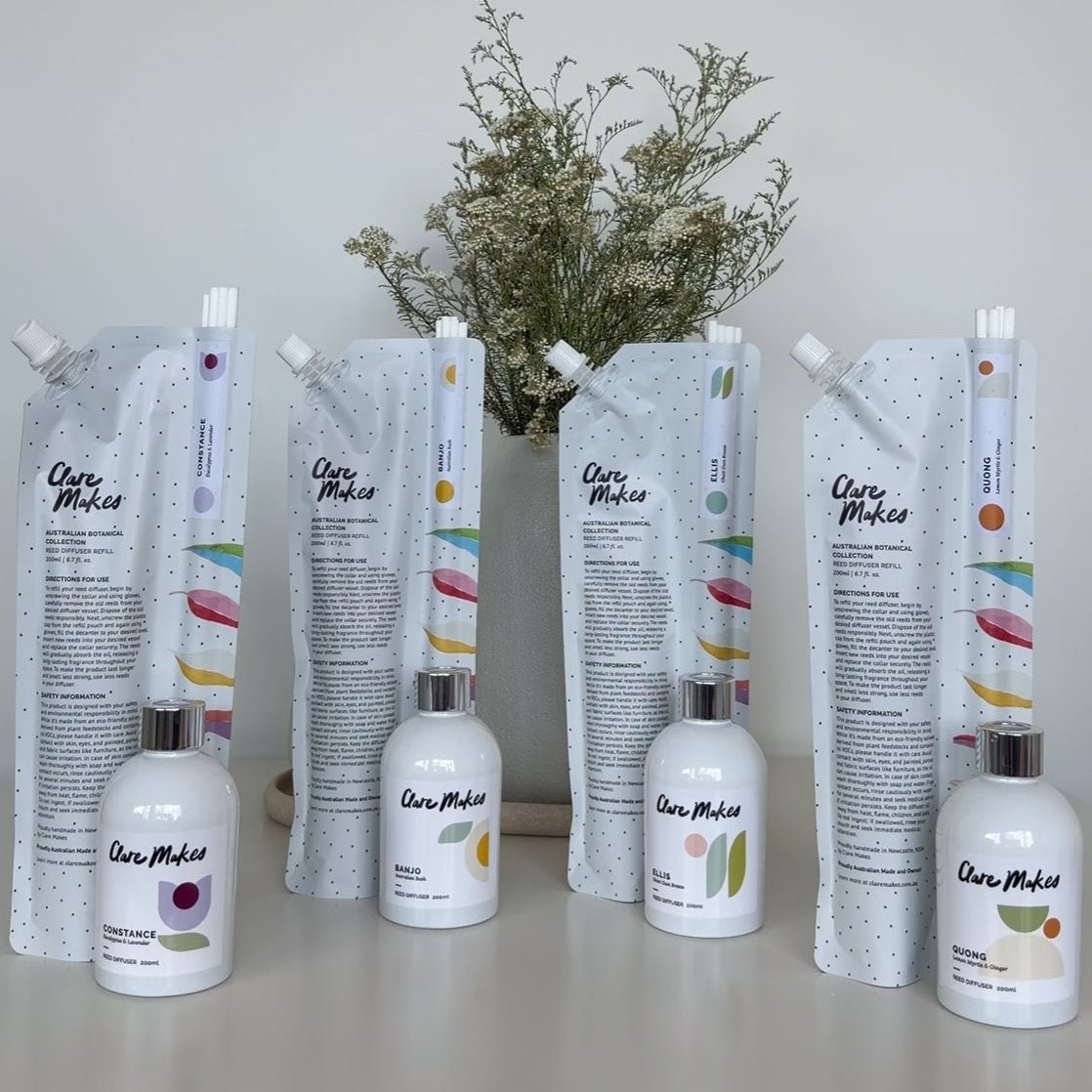 Clare Makes reed diffuser refill pouch 200ml, Australian botanical scent